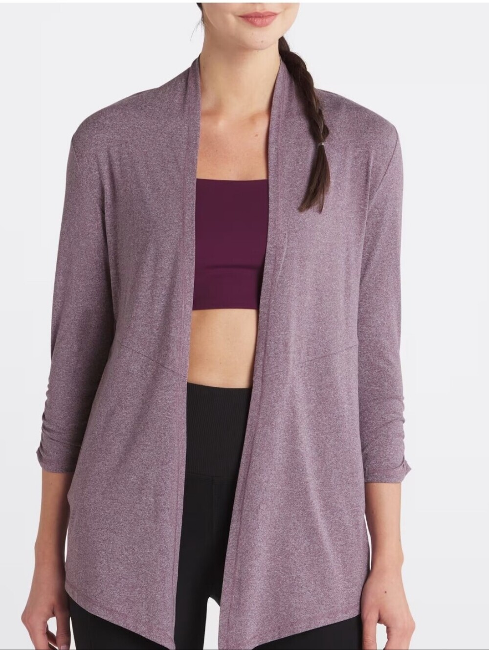We Wander WeFlex Ruched Sleeve Open Cardigan Heathered Purple Small